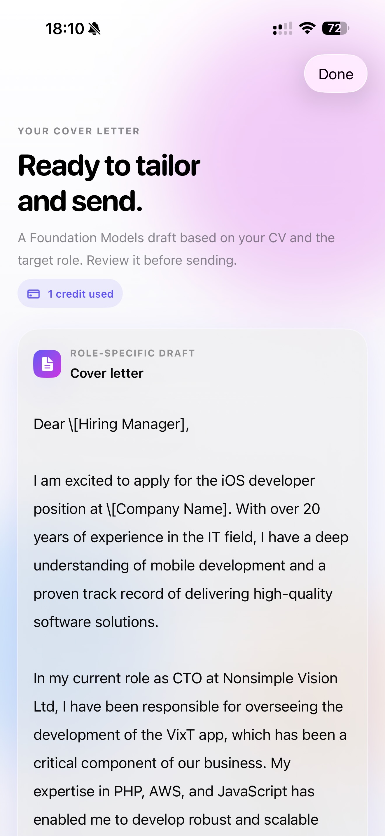 Role-specific cover-letter draft in Job Buddy
