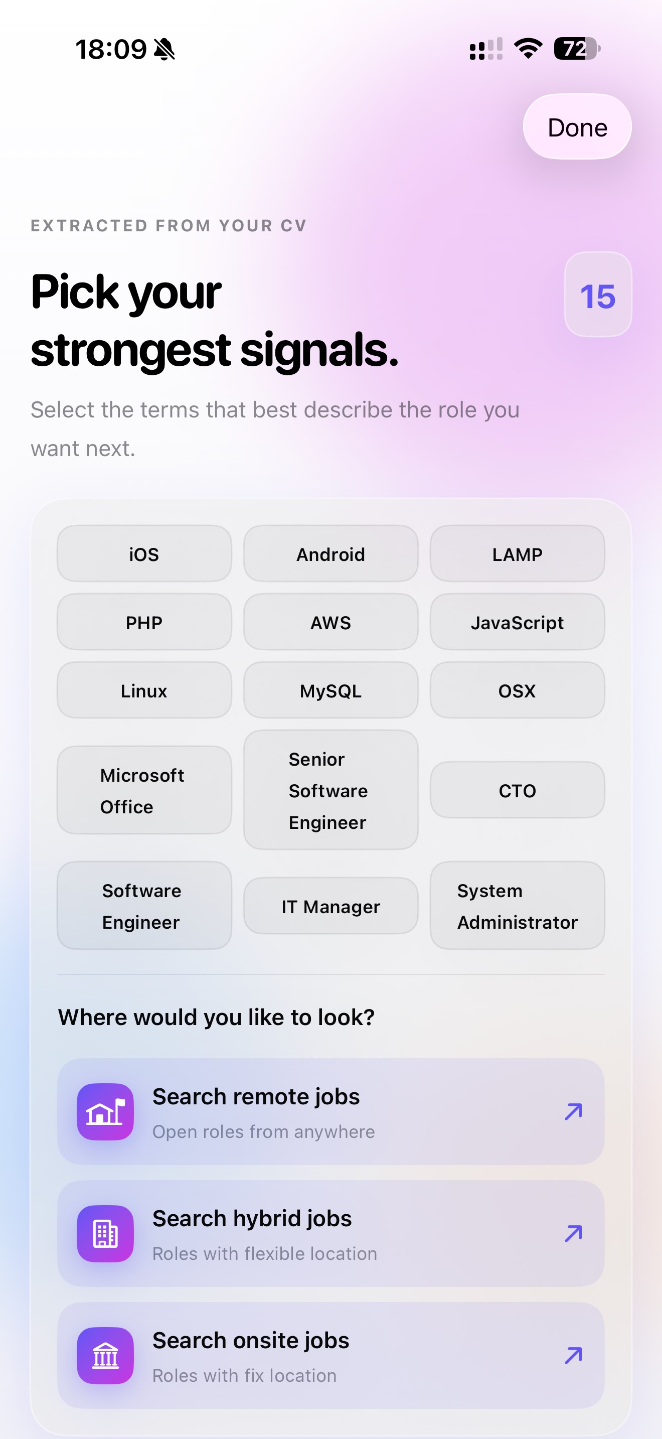 Select skills and search locations in Job Buddy