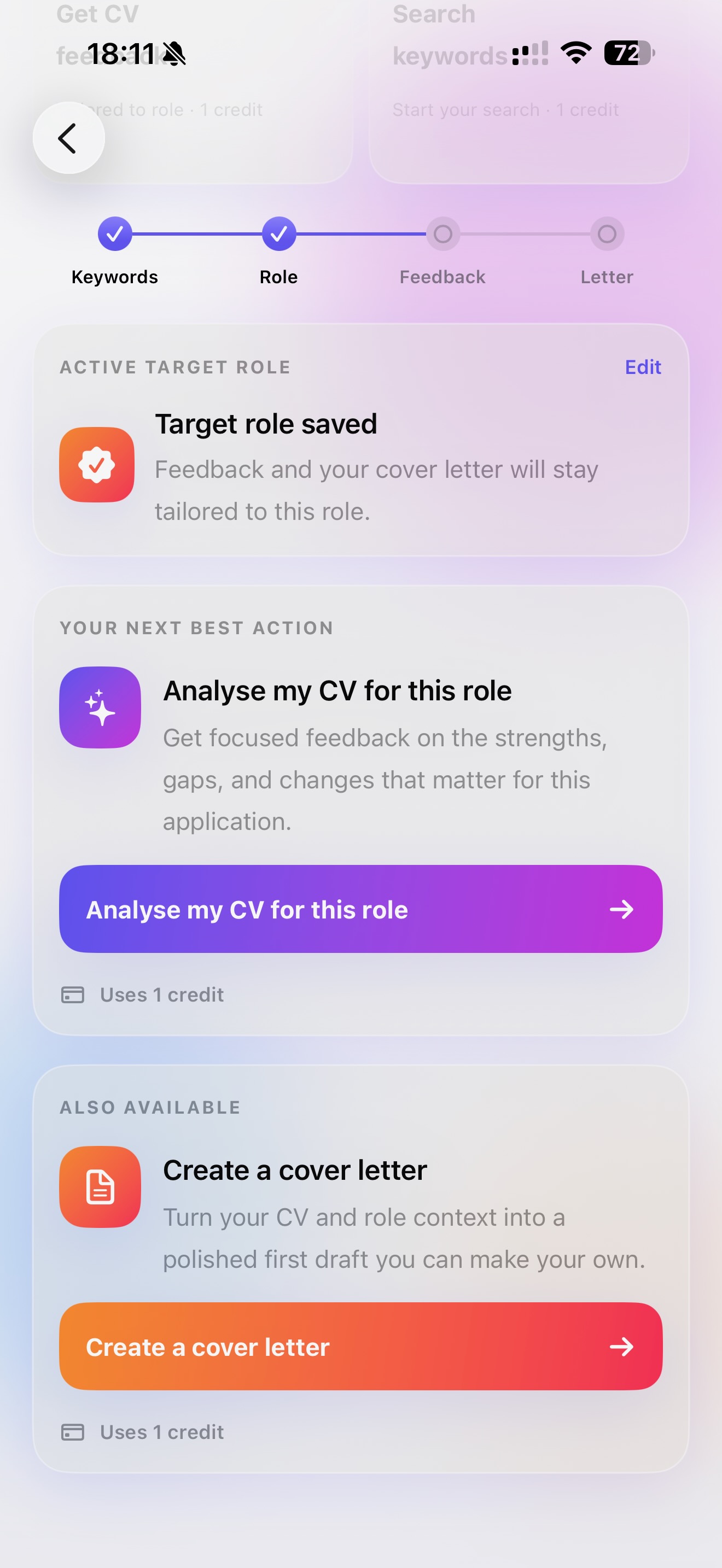 Job Buddy actions screen